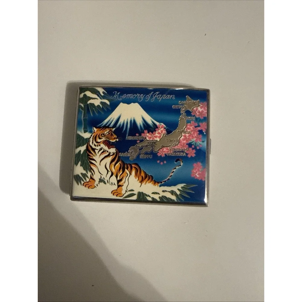 RARE Memory of Japan Vintage Cigarette Case w/ Attached Lighter Tiger Mt Fuji